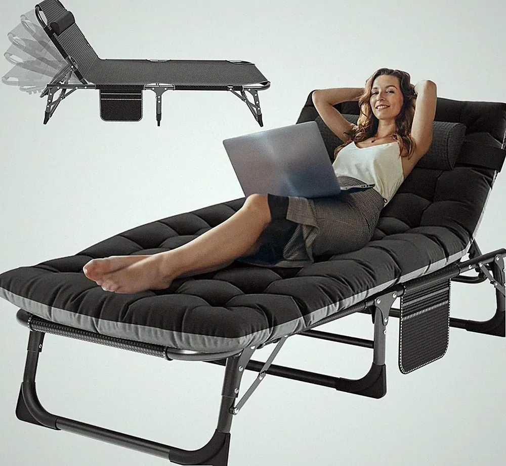 3-in-1 Folding Lounge Chair with Cushion, Heavy-Duty Recliner & Guest Bed