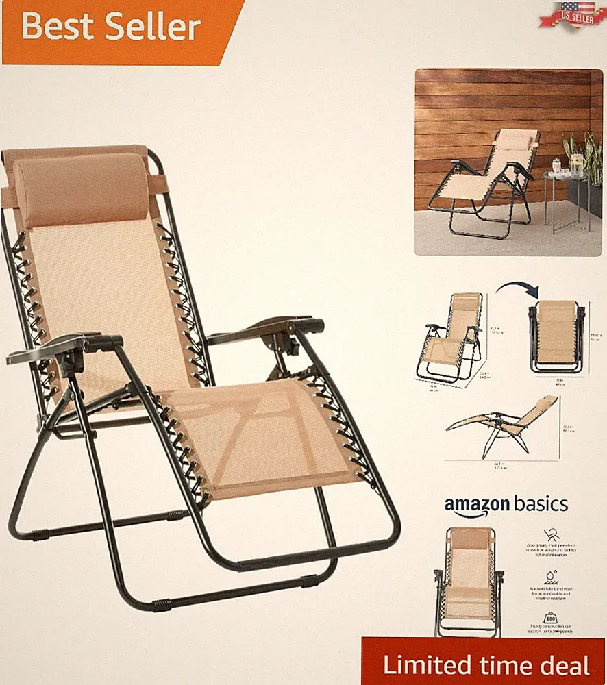 Basics Outdoor Textilene Adjustable Zero Gravity Lounge Chair with Pillow, Beige