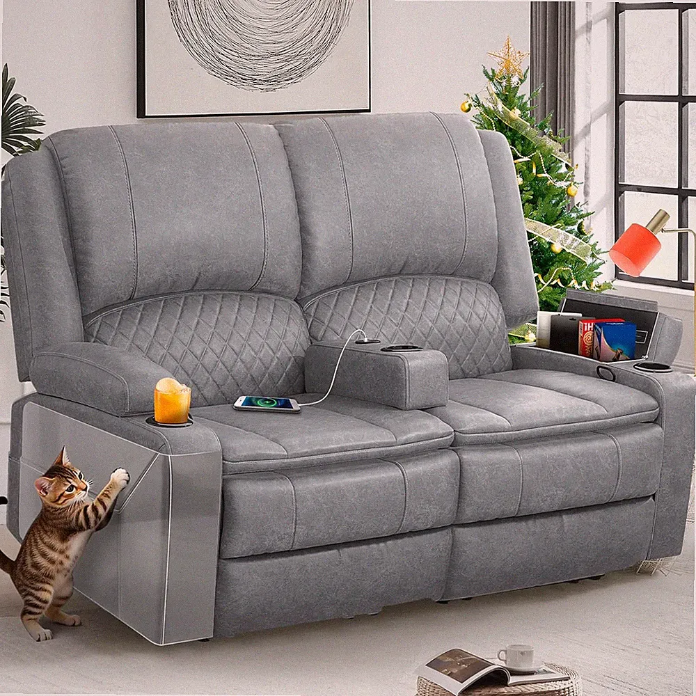 Gray Recliner Loveseat Sofa with USB Ports, Cup Holders & Removable Armrest