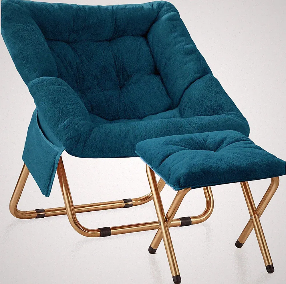 Teal Blue Comfy Faux Fur Saucer Chair - Foldable Lounge Chair for All Ages